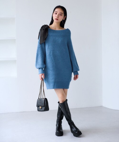 VIS(ビス)の「肩リボンミニ丈ニットワンピース/2WAY(ワンピース・レディース・グレー/キナリ/ブルー系・F)」の18枚目の写真