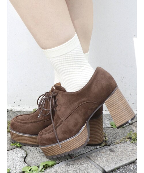 スエードチャンキーヒールレースアップシューズ