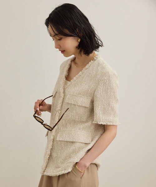 ROPE'（ロペ）の「サマーツイードハーフスリーブジャケット（ノーカラージャケット・レディース・ブラック/オフホワイト・F）」の3枚目の写真