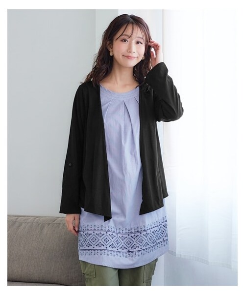 nissen（ニッセン）の「＜大きいサイズ＞重ね着風裾刺しゅうチュニック（Tシャツ/カットソー・レディース・オリーブ/黒/ネイビー・L/LL/3L/4L/5L/6L/8L/10L）」の2枚目の写真