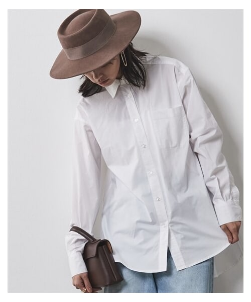 nissen（ニッセン）の「大きいサイズ 綿100％バックロングシャツ シックスタイル（シャツ/ブラウス・レディース・オフホワイト/ブルーストライプ・L/LL/3L/4L/5L/6L/8L/10L）」の5枚目の写真