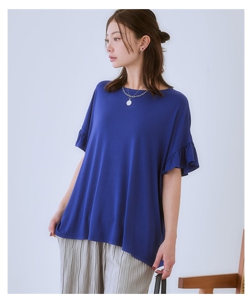 nissen（ニッセン）の「＜大きいサイズ＞ とろみ素材ゆるシルエット袖フリルカットソープルオーバー（接触冷感・ＵＶカット）（Tシャツ/カットソー・レディース・ダークベージュ/ラズベリー/ロイヤルブルー/黒・L/LL/3L/4L/5L/6L/8L/10L）」の6枚目の写真