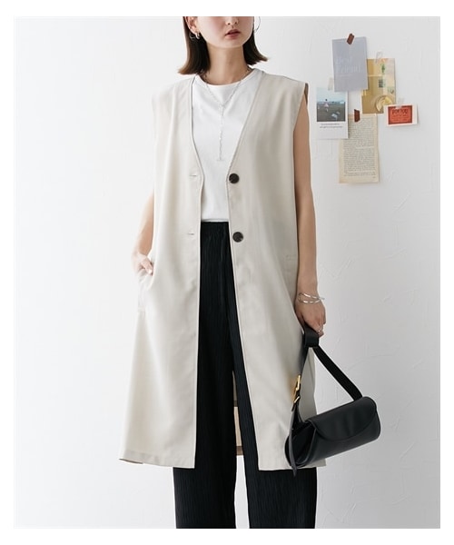 nissen（ニッセン）の「リネンライク　ノーカラーロングジレ（ベスト・レディース・アイボリー/ブラック・M/L）」の5枚目の写真