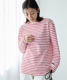 nissen | ＜大きいサイズ＞長袖ボートネックリップルボーダーゆるカットソートップス(Tシャツ/カットソー)