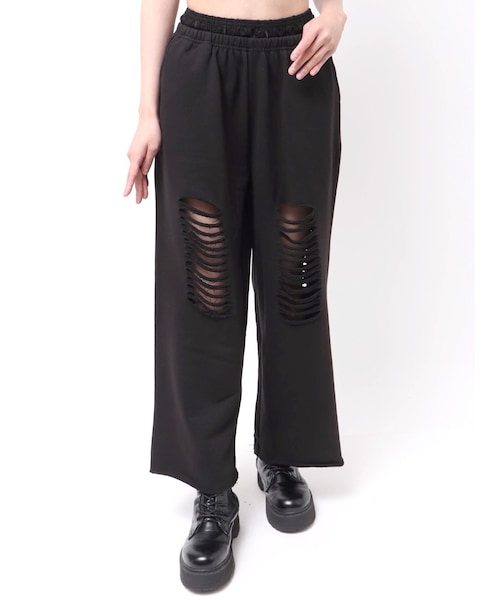 EVRIS（エヴリス）の「レースドッキングダメージスウェットワイドパンツ【セットアップ着用可能】（スウェットパンツ・レディース・グレー/ブラック/ミックス・F）」の4枚目の写真