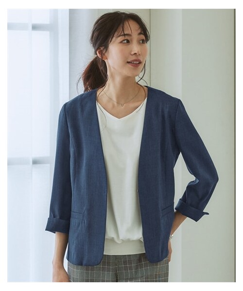 nissen（ニッセン）の「洗える麻調合繊７分袖ストレッチノーカラージャケット（接触冷感・防しわ・ストレッチ・UVカット）<大きいサイズ有>（ジャケット/アウター・レディース・ライトグレー系/ベージュ系/ネイビー系/ネイビーブルー系・S/M/L/LL/4L/5L/6L/3L）」の22枚目の写真