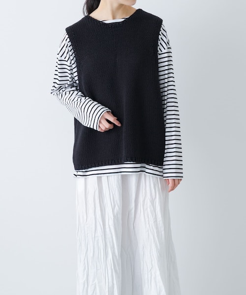 かぐれ（カグレ）の「コットンローゲージニットベスト（ベスト・レディース・IVORY/BLACK・Free）」の7枚目の写真