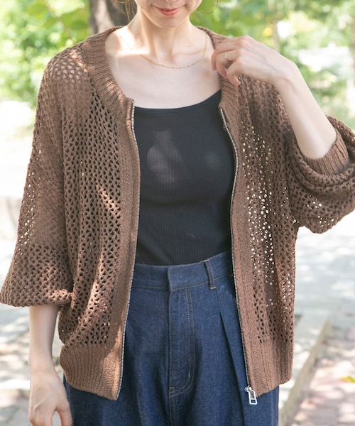 ITEMS URBANRESEARCH（アイテムズ アーバンリサーチ）の「メッシュジップニットカーディガン（ニット/セーター・レディース・BRN/GREGE/BLK・FREE）」の3枚目の写真