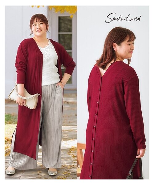nissen（ニッセン）の「＜大きいサイズ＞ワンピースにもなる前後２WAYロング丈カーディガン（カーディガン/ボレロ・レディース・赤/モカブラウン/黒/アシッドイエロー・L/LL/3L/4L/5L/6L/8L/10L）」の4枚目の写真