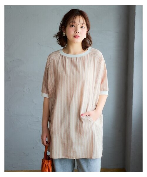 nissen（ニッセン）の「＜大きいサイズ＞綿１００％柔らかラグランスリーブチュニック（Tシャツ/カットソー・レディース・黒系チェック/ベージュ系ストライプ/ブルー系ストライプ/ブラックウォッチ・L/LL/3L/4L/5L/6L/8L/10L）」の22枚目の写真