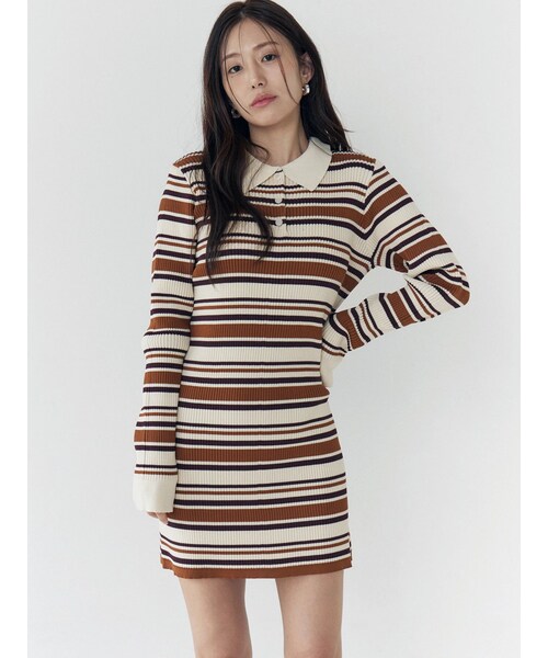 CALNAMUR（カルナムール）の「マルチボーダーポロニットワンピース（ワンピース・レディース・ピンク/ブルー/ブラウン・F）」の6枚目の写真