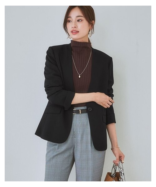 nissen（ニッセン）の「【レディーススーツ】セットアップ対応ノーカラージャケット（上下別売・多機能360°ストレッチ素材シリーズ）（スーツパンツ・レディース・ブラウン系グレンチェック/ミニヘリンボン織柄黒/ライトグレー系チェック・S/M/L/LL/3L/4L/5L/6L/8L）」の6枚目の写真