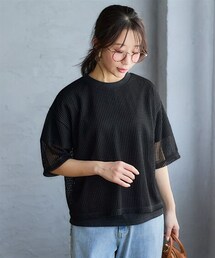 nissen | ＜大きいサイズ＞２点セット（透かし編ニットソー＋5分袖Ｔシャツ）(Tシャツ/カットソー)
