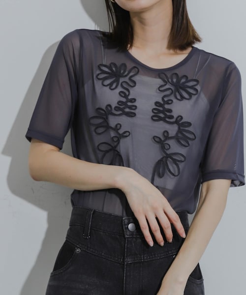 SENSE OF PLACE by URBAN RESEARCH（センスオブプレイスバイアーバンリサーチ）の「コードシシュウカットトップ（Tシャツ/カットソー・レディース・CHARCOAL/IVORY/BROWN・one）」の2枚目の写真