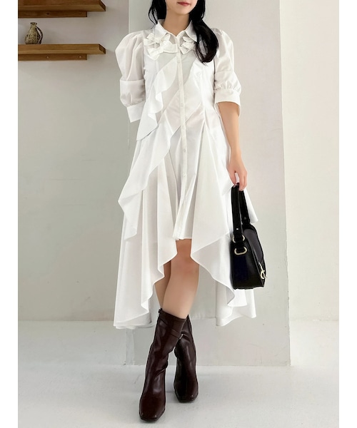 dazzlin（ダズリン）の「リボンディティールイレヘムシャツワンピース（ワンピース・レディース・オフホワイト/ブルー/ミックス・S/M）」の7枚目の写真