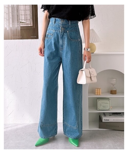 nissen（ニッセン）の「【Be praised】ハイウエストオーバーラップワイドデニムパンツ（パンツ・レディース・ブルーデニム/ホワイトデニム・M/L/LL）」の5枚目の写真