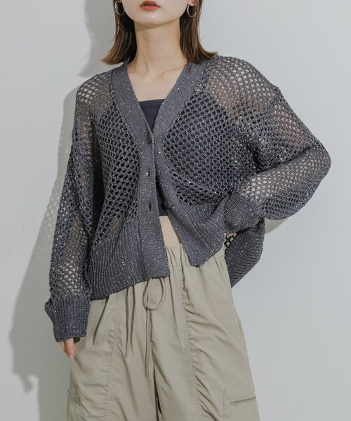 SENSE OF PLACE by URBAN RESEARCH（センスオブプレイスバイアーバンリサーチ）の「スパンコールメッシュカーディガン（カーディガン/ボレロ・レディース・CHARCOAL/IVORY/YELLOW・one）」の4枚目の写真