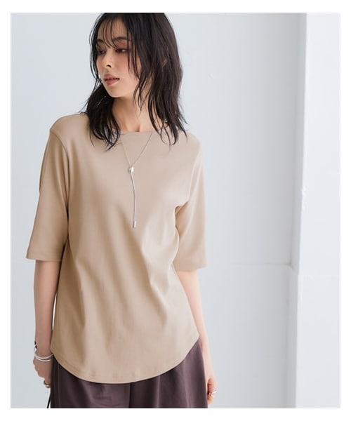 nissen（ニッセン）の「ＵＶカット綿１００％フライス素材ボートネック５分袖Ｔシャツ（Tシャツ/カットソー・レディース・オフホワイト/黒/グレージュ/ディープグリーン/ブルー/ローズ/ラベンダー/カーキグレー・S/M/L/LL/3L）」の16枚目の写真