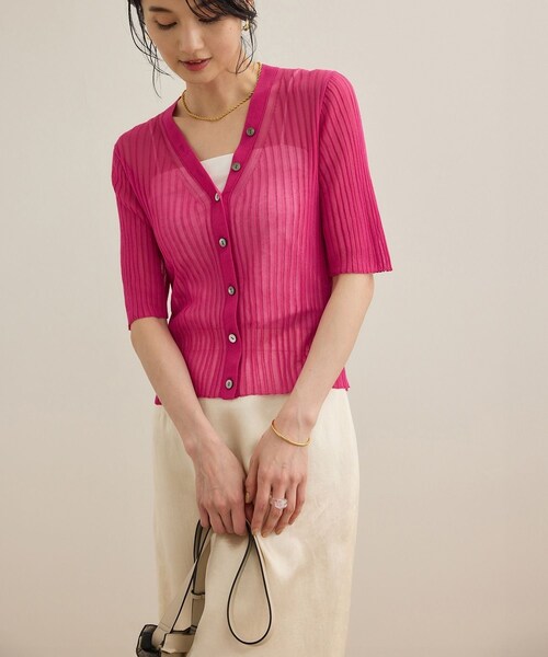 ROPE'（ロペ）の「シアーリブカーディガン/洗える（カーディガン/ボレロ・レディース・ブラック/ホワイト/ピンク・F）」の11枚目の写真