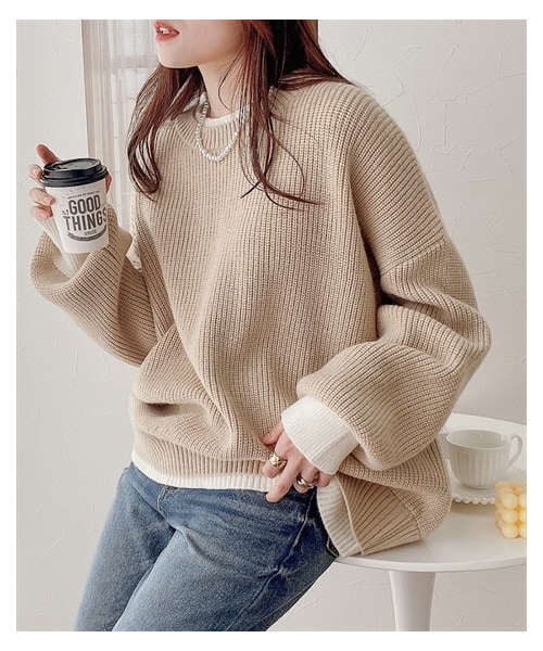 nissen（ニッセン）の「重ね着風オーバーサイズニットトップス（ニット/セーター・レディース・ベージュ/黒・F）」の2枚目の写真