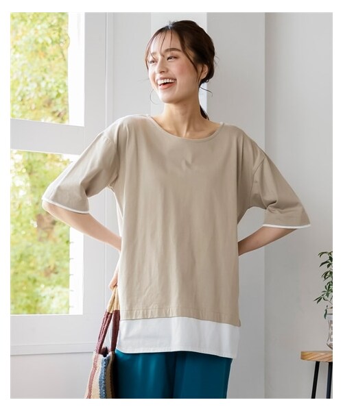nissen（ニッセン）の「大きいサイズ　綿１００％汗染みしにくい５分袖重ね着風オーバーサイズＴシャツ（フェイクレイヤード）（チュニック・レディース・レッド/黒/グレーベージュ/グレイッシュブルー/ライトカーキ・L/LL/3L/4L/5L/6L/8L/10L）」の22枚目の写真
