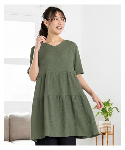 nissen（ニッセン）の「大きいサイズ　涼しいサラサラカットソー楊柳ゆるシルエット５分袖チュニック（チュニック・レディース・インクブルー/黒/モスカーキ/ベージュ/ピーチピンク・L/LL/3L/4L/5L/6L/8L/10L）」の19枚目の写真