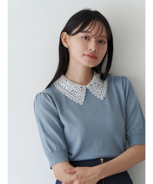 TONAL(トーナル)の「衿レースハーフスリーブニット(ニット/セーター・レディース・アイボリー/ブラック/アイスブルー・M)」の6枚目の写真