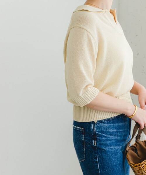 URBAN RESEARCH ROSSO（アーバンリサーチロッソ）の「F by ROSSO　オープンカラーサマーニット（ニット/セーター・レディース・L/BEIGE/BLUE/BORDER・FREE）」の7枚目の写真