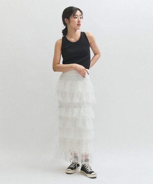 ADAM ET ROPE'（アダムエロペ）の「シアーフリルスカート（スカート・レディース・ブラック/ホワイト/ダークブラウン・F）」の7枚目の写真