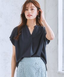 7days Life Styling | 【ひんやり接触冷感】シルケット加工フレンチスリーブキーネックカットソートップス（脇シェード付）<大きいサイズ有>(Tシャツ/カットソー)
