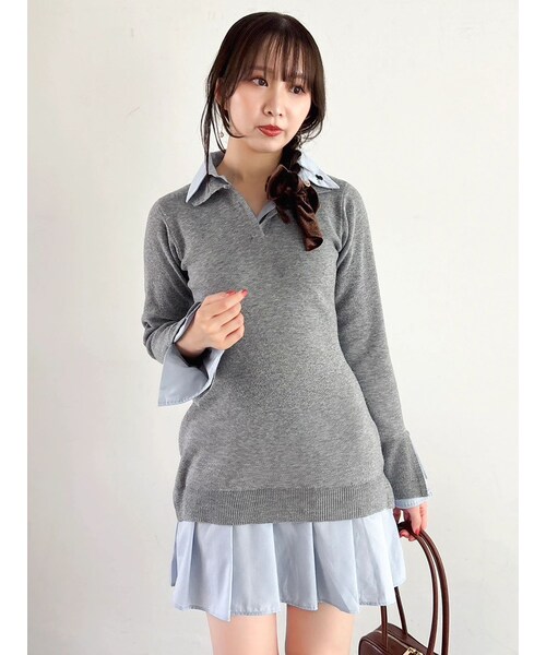 dazzlin（ダズリン）の「【POLO BCSコラボ】シャツレイヤードニットミニワンピース ※BEIGE WEB限定カラー（ワンピース・レディース・グレー/ブラック/ピンク/ベージュ・S/M）」の2枚目の写真