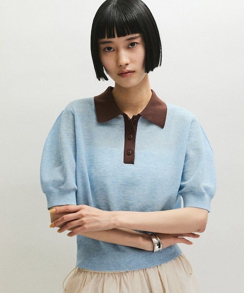 ADAM ET ROPE'(アダムエロペ)の「【定番】ラミーニットポロシャツ(ポロシャツ・レディース・キナリ/ダークブラウン系/サックス・F)」の3枚目の写真