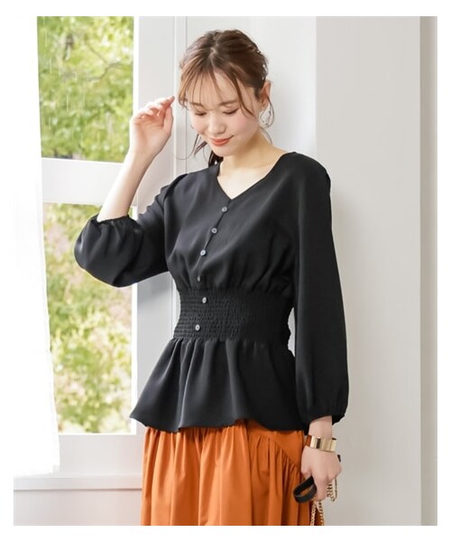 nissen（ニッセン）の「大きいサイズウエストシャーリングデザインブラウス（Tシャツ/カットソー・レディース・ダークチェリー/黒・L/LL/3L/4L/5L/6L/8L/10L）」の5枚目の写真