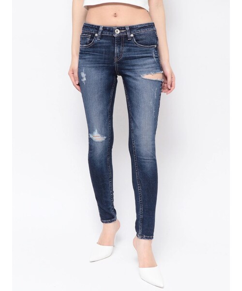 ジャストウエストSIDE RIPPEDスキニーデニムパンツ インディゴL ジャストウエストSIDE RIPPEDスキニーデニムパンツ[品番