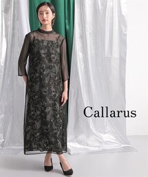 Callarus | 【結婚式・パーティー・オケージョンドレス】スタンドカラープリント重ねシフォンオーガンジーデザインワンピースドレス｜大きいサイズ有〔Callarus〕(ドレス)