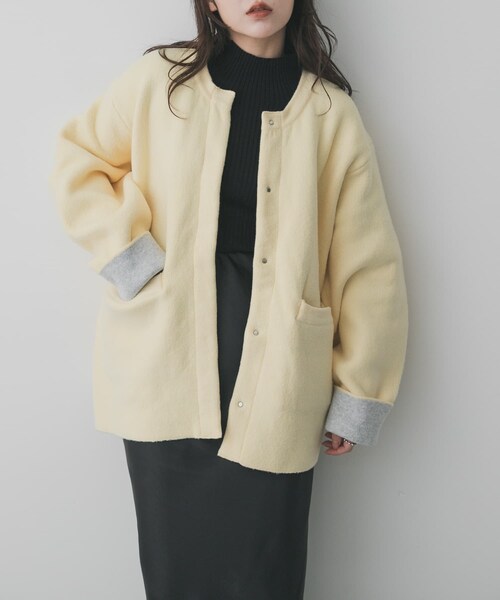 SENSE OF PLACE by URBAN RESEARCH（センスオブプレイスバイアーバンリサーチ）の「バイカラーニットコート（テーラードジャケット・レディース・L.GRY×PNK/CHA×BLU/MOC×YEL/YEL×GRY・one）」の4枚目の写真