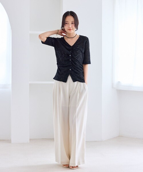 VIS(ビス)の「レース半袖フロントギャザートップス(Tシャツ/カットソー・レディース・ブラック/キナリ・F)」の9枚目の写真