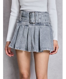 GYDA | ハイウエストWIDE BELTプリーツデニムスカートライクショートパンツ(デニムスカート)