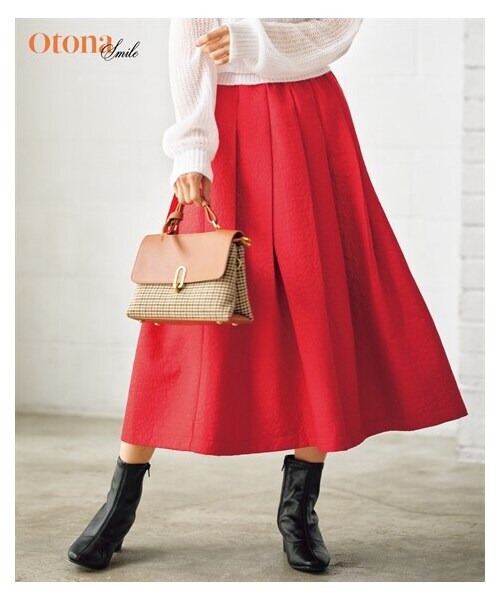 nissen（ニッセン）の「ハート柄ジャガードタックスカート【OtonaSMILE】（スカート・レディース・赤/オフホワイト・M/L/LL/3L/4L/5L/6L）」の2枚目の写真