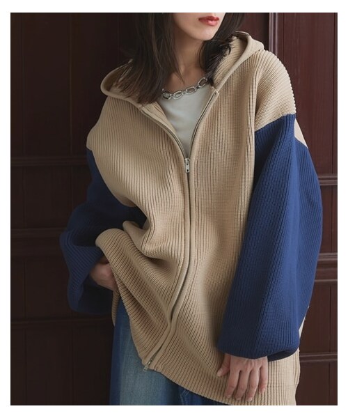 nissen（ニッセン）の「【Soiunique】スポンジニットデザインジップパーカー（パーカー・レディース・チャコール×ブルー/ブラック×カーキ/ベージュ×ネイビー・1(S-M)/2(L-LL)）」の6枚目の写真