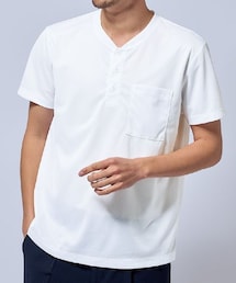 メッシュ半袖ヘンリーネックポケット付Tシャツ【大きいサイズ有】　吸汗速乾・UVカット