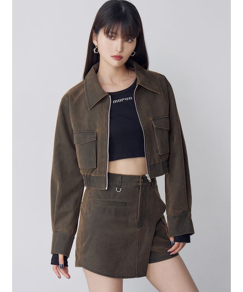 MURUA（ムルーア）の「フェイクレザーショートフライトジャケット【セットアップ着用可】（ブルゾン・レディース・ブラウン/ブラック・F）」の6枚目の写真