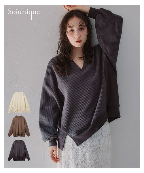nissen（ニッセン）の「ワッフル素材カフタン衿スリット入トップス［Soiunique］（Tシャツ/カットソー・レディース・スミクロ/ブラウン/アイボリー・1(S~M)/2(L~LL)）」の2枚目の写真