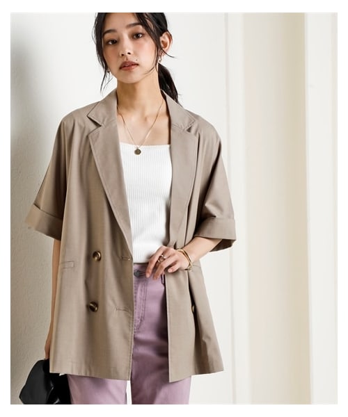 nissen（ニッセン）の「ハーフスリーブオーバーサイズダブルブレストジャケット（防しわ・接触冷感・UVカット）＜大きいサイズ有＞（ジャケット/アウター・レディース・チャコール/ベージュ/アイスグレー・S~M相当/L~LL相当/3L~4L相当/5L~6L相当/8L相当/10L相当）」の4枚目の写真