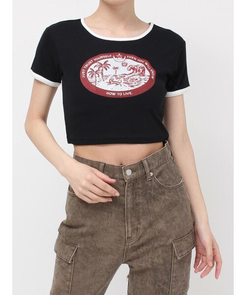 EVRIS（エヴリス）の「リンガーグラフィックショートTシャツ（Tシャツ/カットソー・レディース・ホワイト/ブラック/マスタード・F）」の12枚目の写真