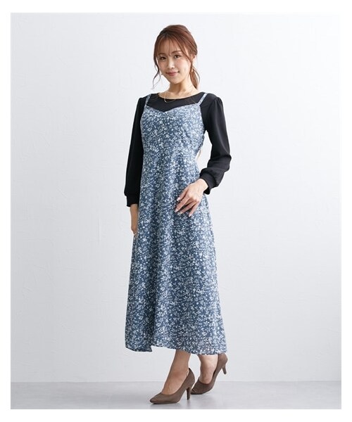 nissen（ニッセン）の「【大きい胸専用】小花柄着やせキャミワンピース（裏地付、ポケット付、肩ひも調節できるアジャスター付）（ワンピース・レディース・モーブピンク/グレイッシュブルー/ブラック・FM/FL/FLL）」の6枚目の写真