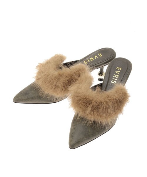 EVRIS（エヴリス）の「ポインテッドトゥフェイクファーミュール（サンダル・レディース・カーキ/ミックス・S/M/L）」の5枚目の写真