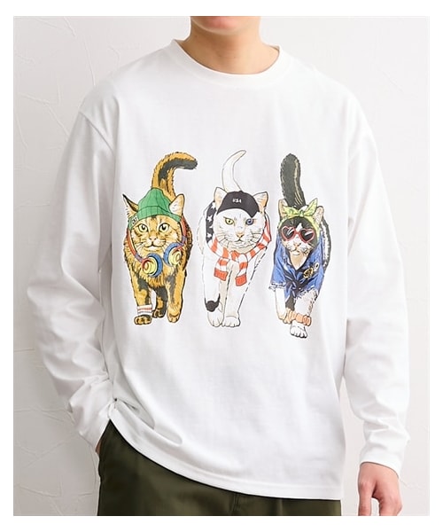 nissen（ニッセン）の「度詰め天竺バックプリント猫柄長袖Tシャツ（Tシャツ/カットソー・メンズ・ホワイト/ブラック・M/L/LL）」の4枚目の写真