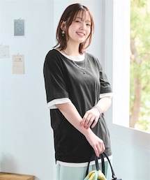 nissen | <大きいサイズ>綿100%汗じみしにくい重ね着風5分袖Tシャツ(Tシャツ/カットソー)