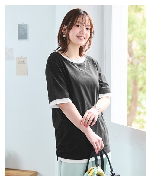 nissen（ニッセン）の「＜大きいサイズ＞綿100%汗じみしにくい重ね着風5分袖Tシャツ（Tシャツ/カットソー・レディース・ネイビー×チャコール/黒×オフホワイト/オフホワイト×チャコール/パープル×オフホワイト・L/LL/3L/4L/5L/6L/8L/10L）」の13枚目の写真